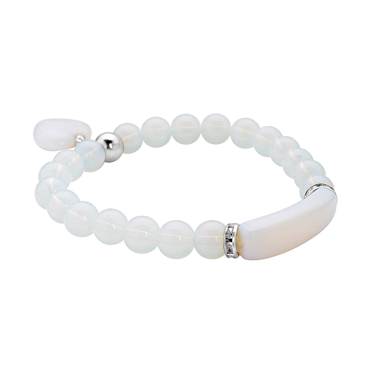 Opalite, Austrian Crystal Stretchable Beaded Heart Charm Bracelet in Stainless Steel 94.00 ctw | Tarnish-Free, Waterproof, Sweat Proof Jewelry image number 3