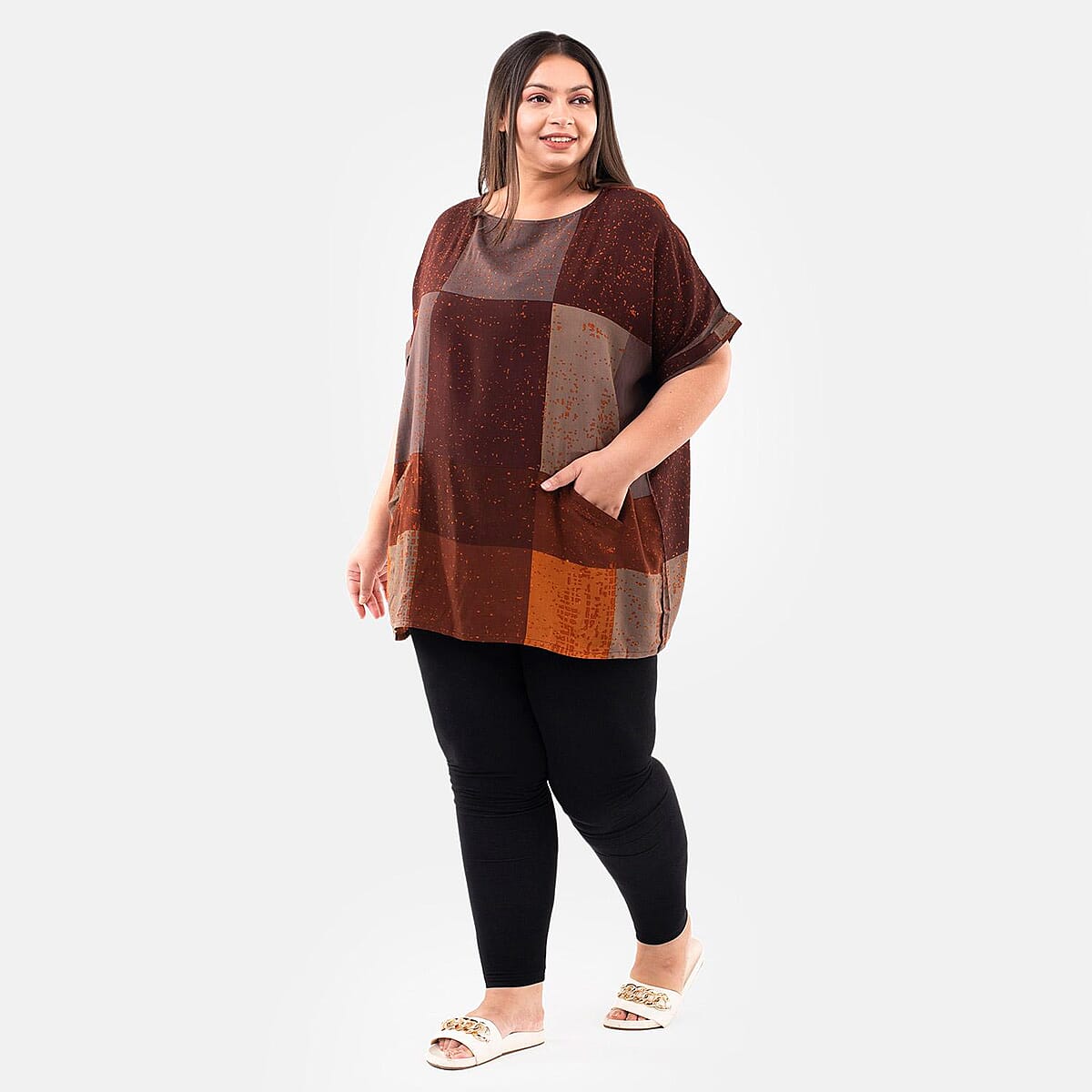 Tamsy Brown Block Pattern Tunic - One Size Plus image number 2