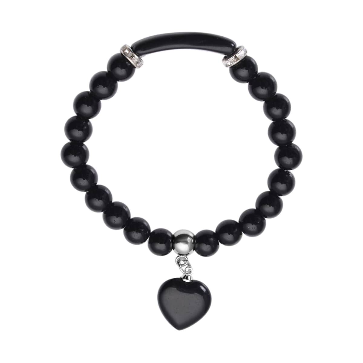 Black Agate Enhanced and Austrian Crystal Stretchable Beaded Heart Charm Bracelet in Stainless Steel 94.00 ctw image number 0