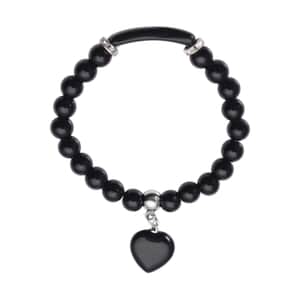 Black Agate Enhanced and Austrian Crystal Stretchable Beaded Heart Charm Bracelet in Stainless Steel 94.00 ctw