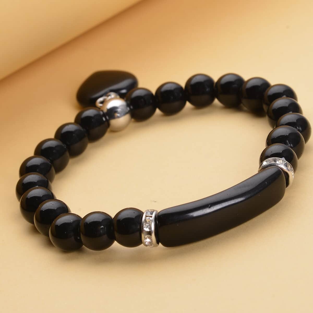 Black Agate Enhanced and Austrian Crystal Stretchable Beaded Heart Charm Bracelet in Stainless Steel 94.00 ctw image number 1