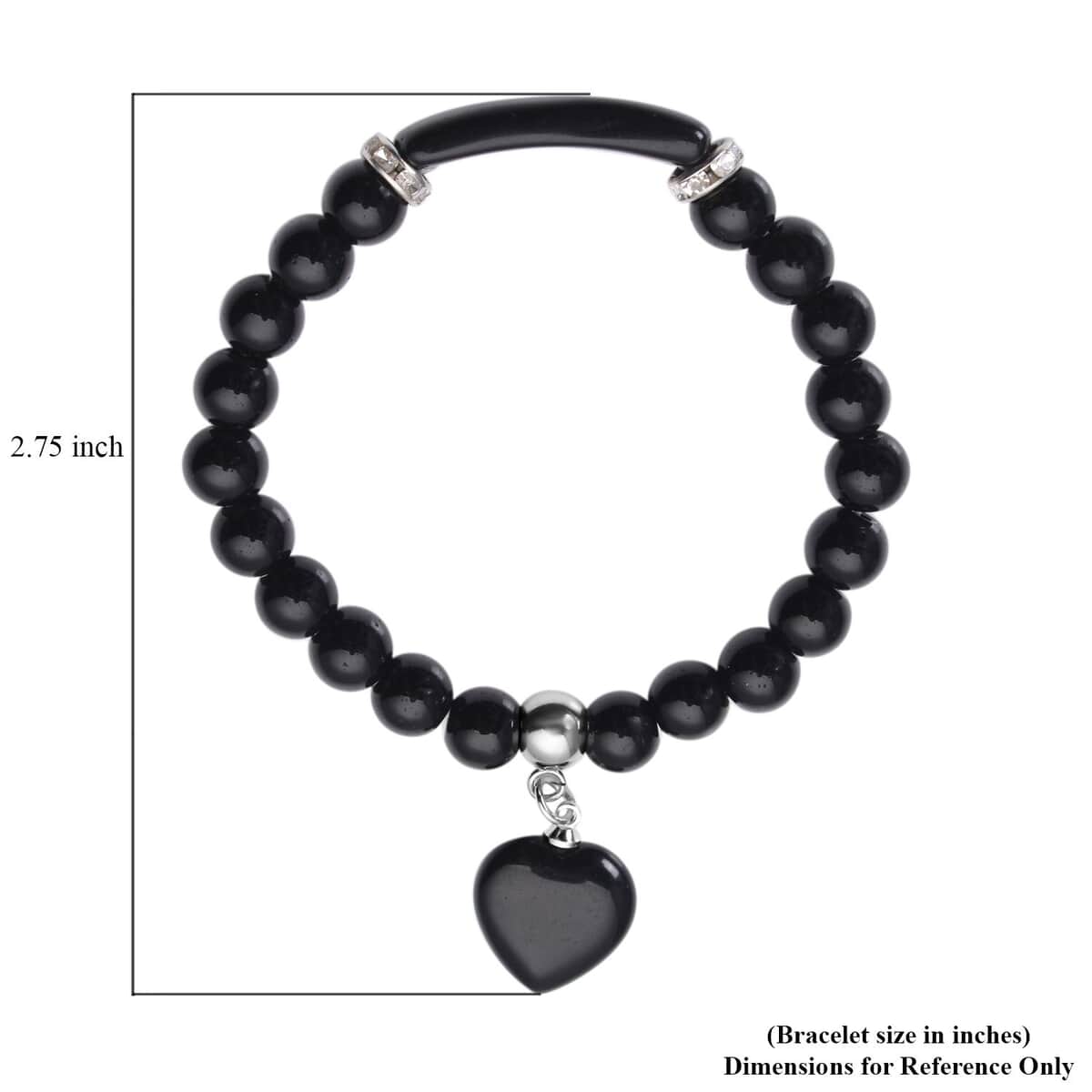Black Agate Enhanced and Austrian Crystal Stretchable Beaded Heart Charm Bracelet in Stainless Steel 94.00 ctw image number 4