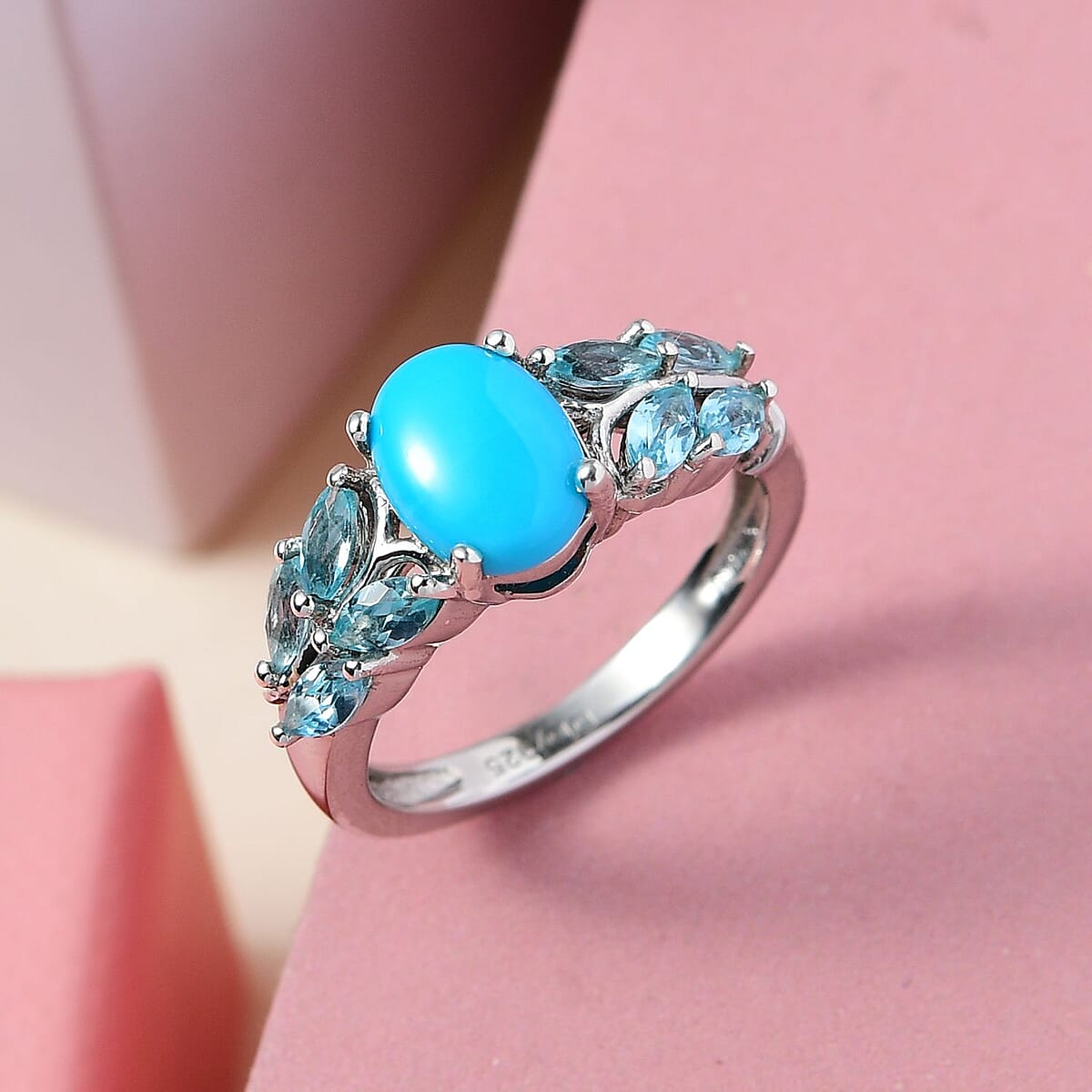 AMERICAN Natural Sleeping Beauty Turquoise and Madagascar Paraiba Apatite Ring in Platinum Over Sterling Silver (Size 10.0) 1.65 ctw image number 1