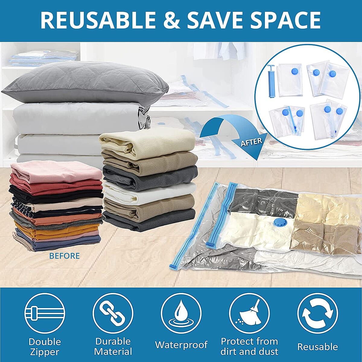 Vacuum Compression Storage Bags with Hand Pump - 7 Packs in 4 Sizes image number 1