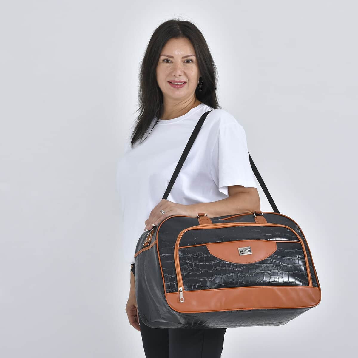 TLV PASSAGE Black Crocodile Embossed Faux Leather Travel Tote Bag (21.65"x8.5"x13.39") with Shoulder Strap image number 1