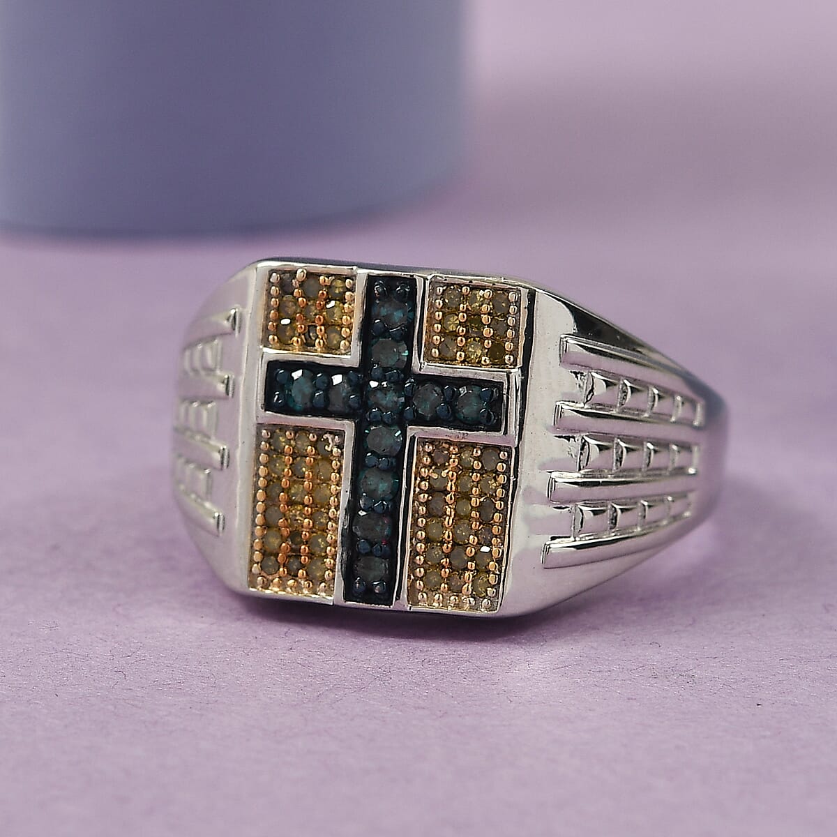 Blue and Yellow Diamond (IR) Men's Ring in Platinum Over Sterling Silver (Size 10.0) 0.50 ctw image number 1