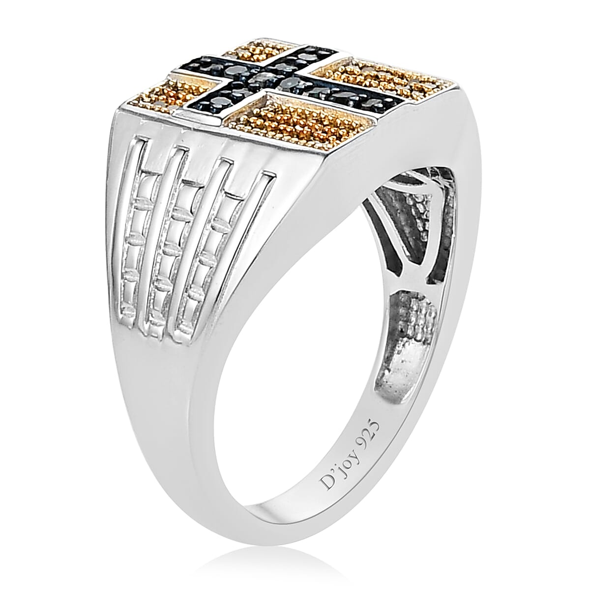 Blue and Yellow Diamond (IR) Men's Ring in Platinum Over Sterling Silver (Size 10.0) 0.50 ctw image number 3