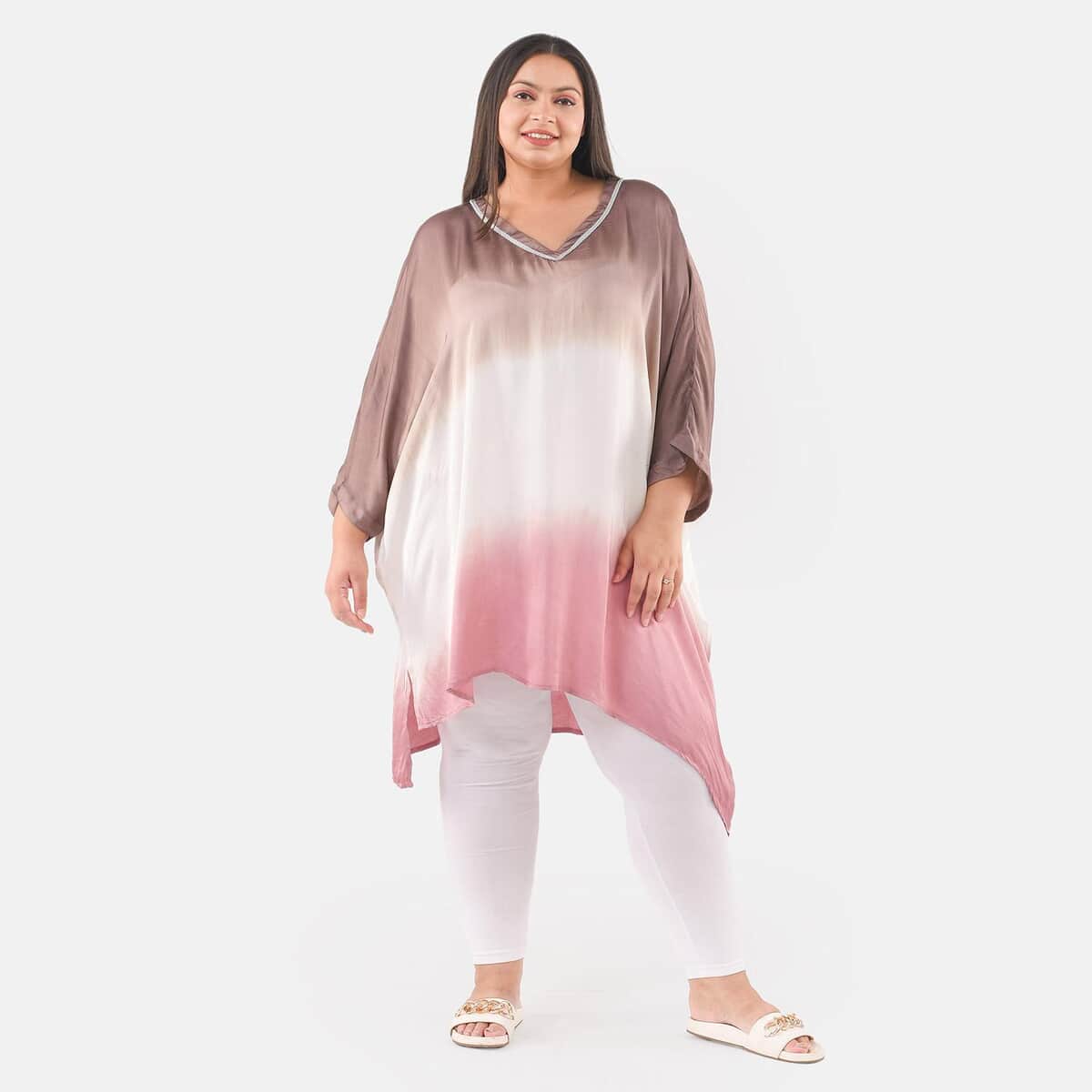 Tamsy Brown Ombre Dye V-Neck with Lace Tunic - One Size fits Most image number 0