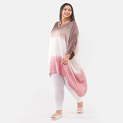 Tamsy Brown Ombre Dye V-Neck with Lace Tunic - One Size fits Most