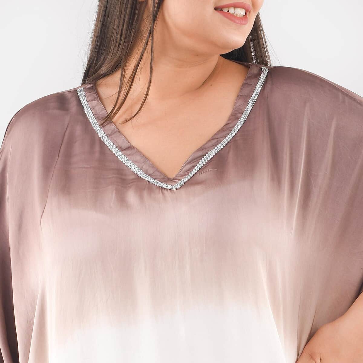Tamsy Brown Ombre Dye V-Neck with Lace Tunic - One Size fits Most image number 3