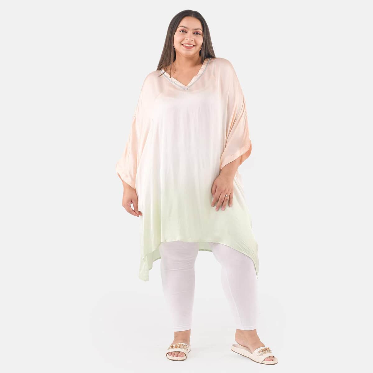 Tamsy Peach Ombre Dye V-Neck with Lace Tunic - One Size fits Most image number 0