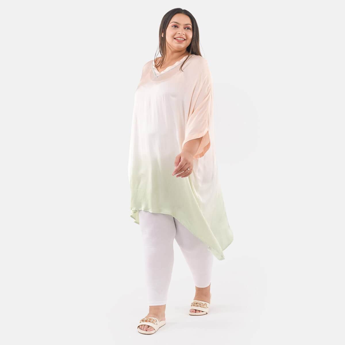 Tamsy Peach Ombre Dye V-Neck with Lace Tunic - One Size fits Most image number 2