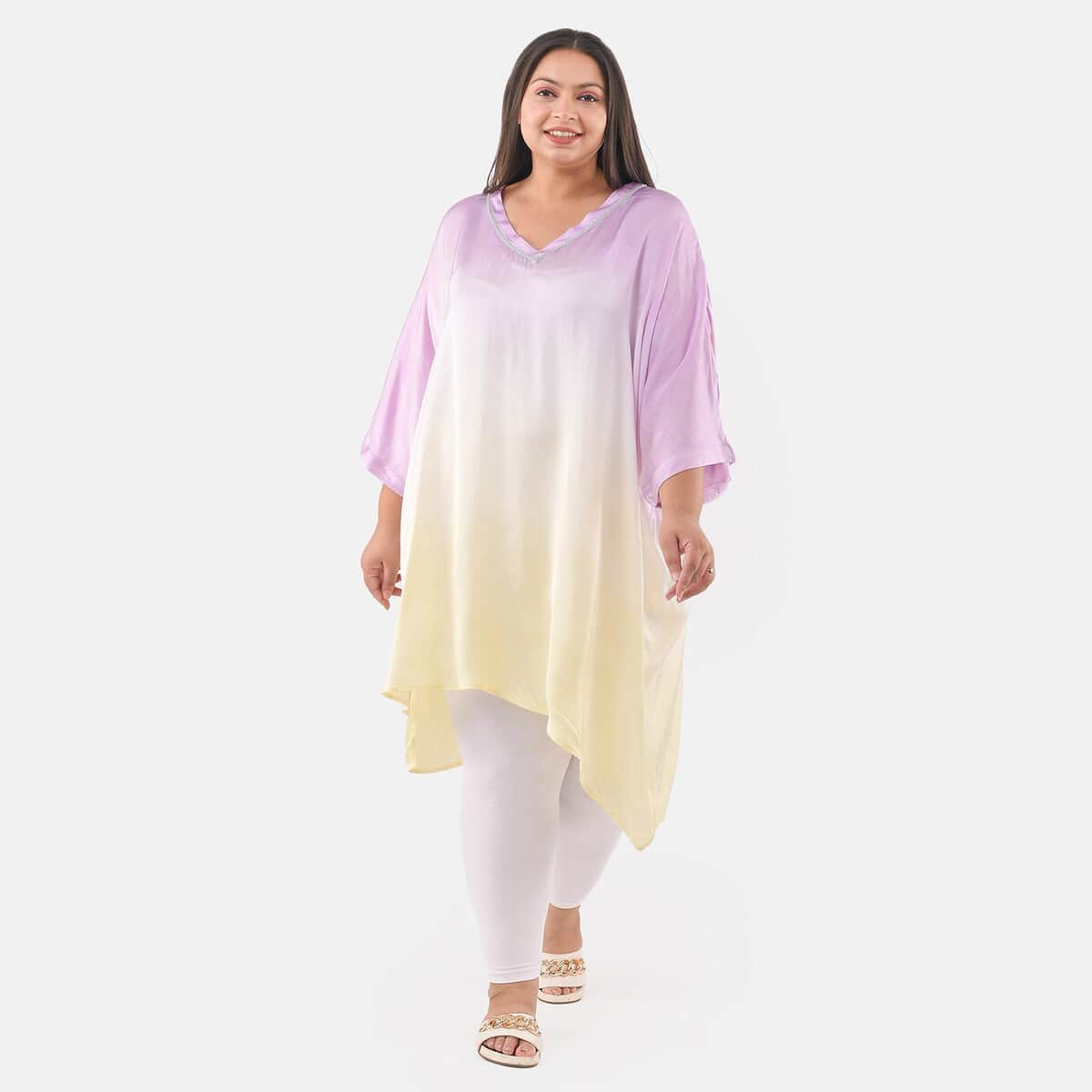 Tamsy Purple Ombre Dye V-Neck with Lace Tunic - One Size fits Most image number 0