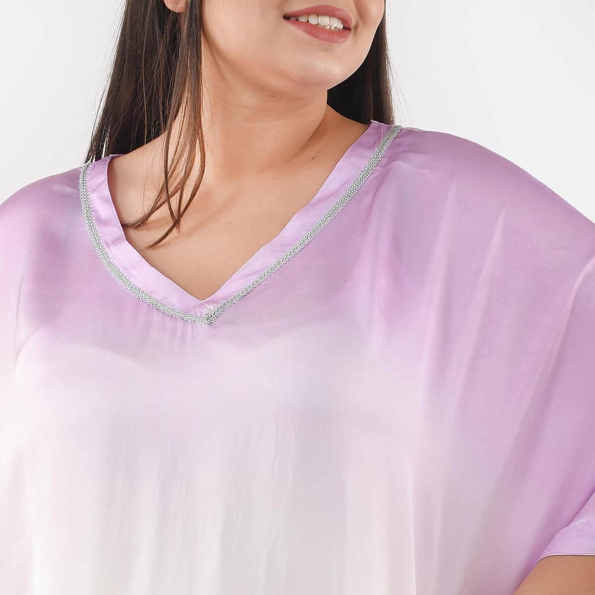 Tamsy Purple Ombre Dye V-Neck with Lace Tunic - One Size fits Most image number 3