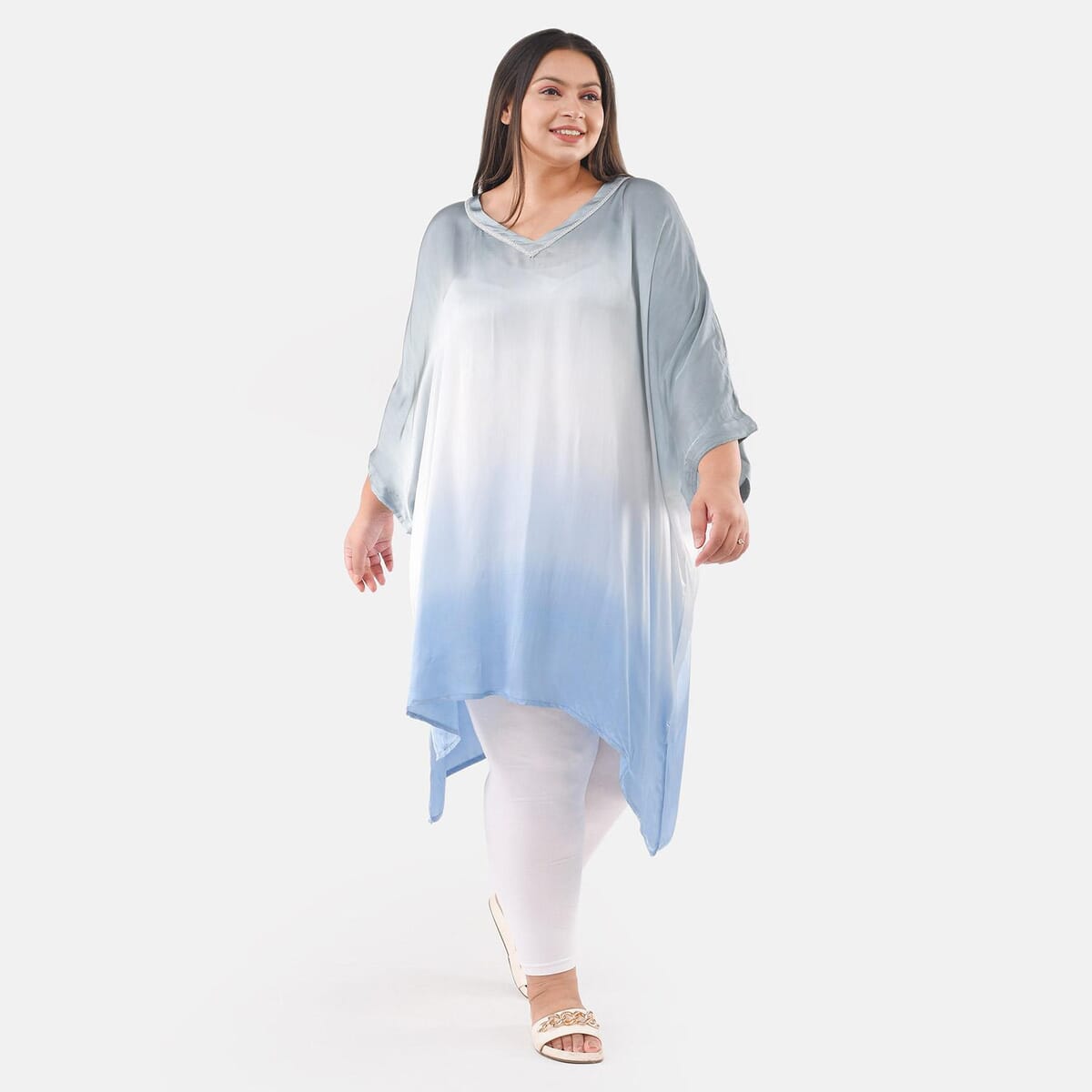 Tamsy Gray Ombre Dye V-Neck with Lace Tunic - One Size fits Most image number 2