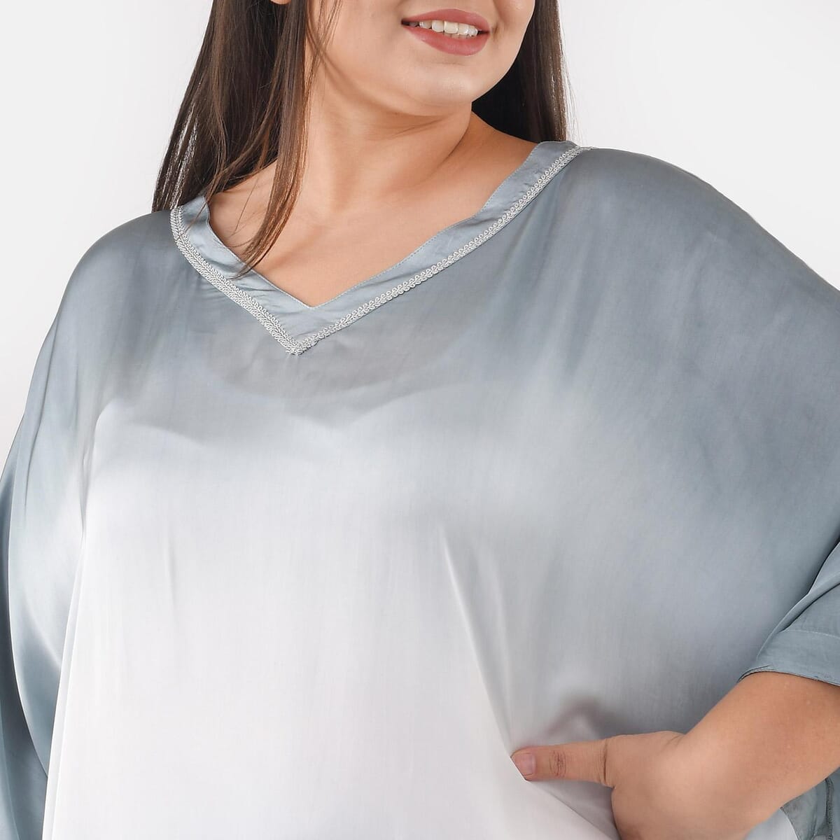 Tamsy Gray Ombre Dye V-Neck with Lace Tunic - One Size fits Most image number 3