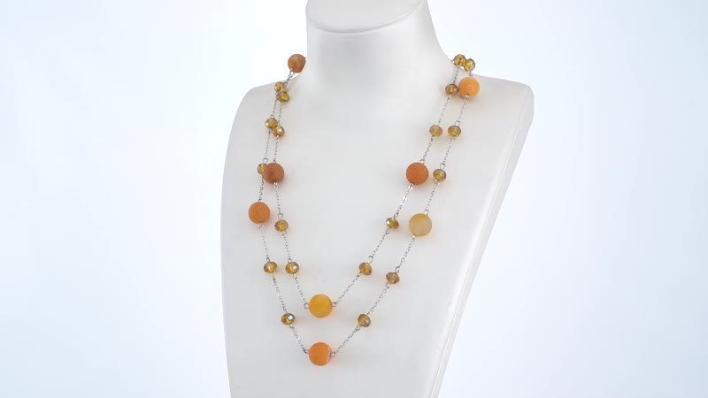 White Drusy Quartz, White Glass Beaded Station Necklace 43-45 Inches in Silvertone 126.00 ctw