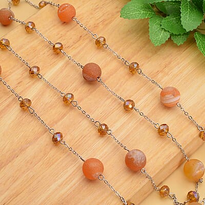 Champagne Drusy Quartz and Champagne Glass 126.00 ctw Beaded Station Necklace 43-45 Inches in Silvertone