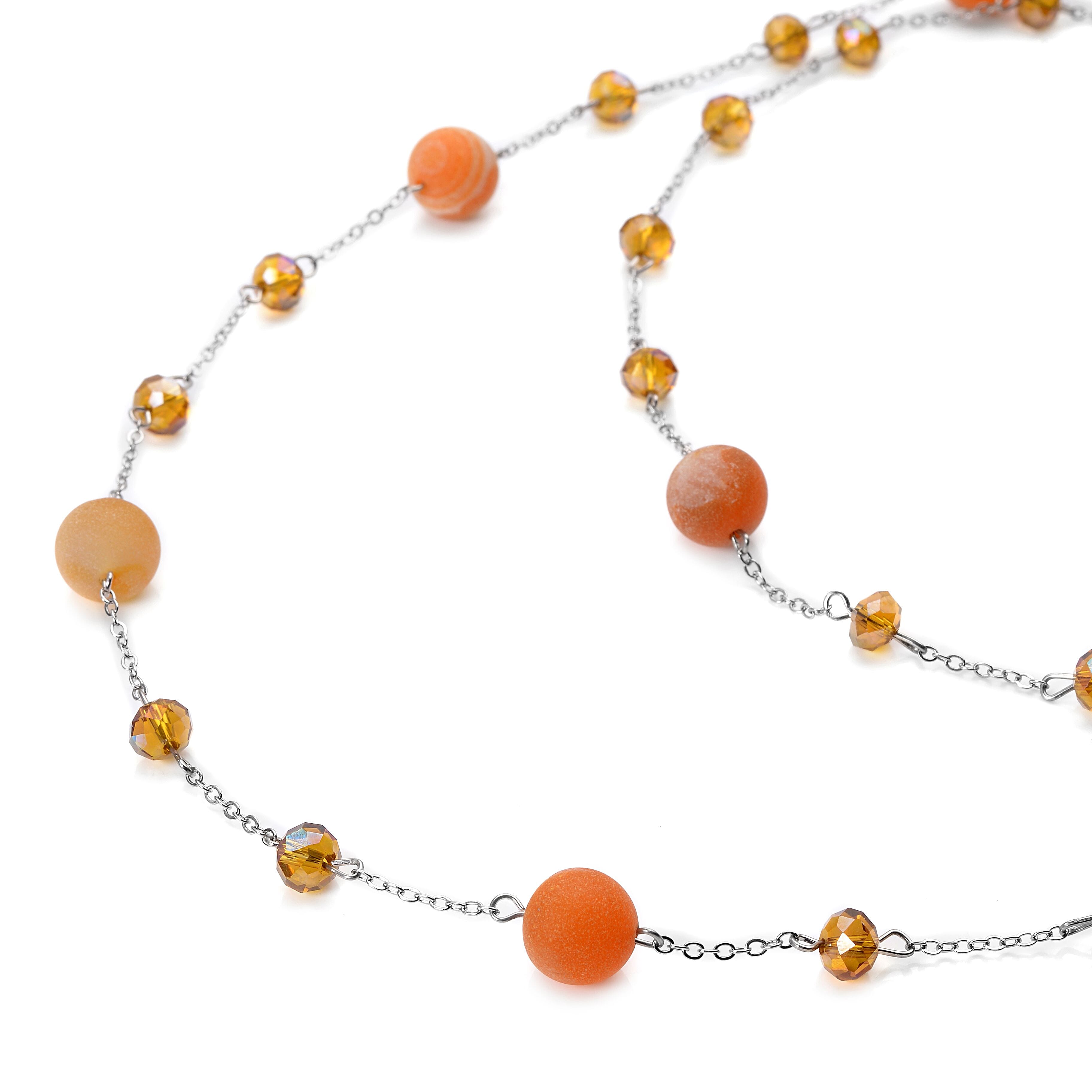 Champagne Drusy Quartz and Champagne Glass 126.00 ctw Beaded Station Necklace 43-45 Inches in Silvertone