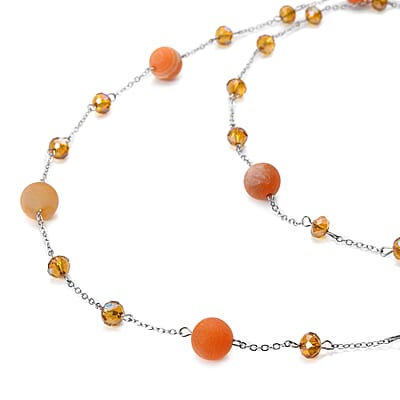 Champagne Drusy Quartz and Champagne Glass 126.00 ctw Beaded Station Necklace 43-45 Inches in Silvertone