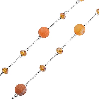 Champagne Drusy Quartz and Champagne Glass 126.00 ctw Beaded Station Necklace 43-45 Inches in Silvertone