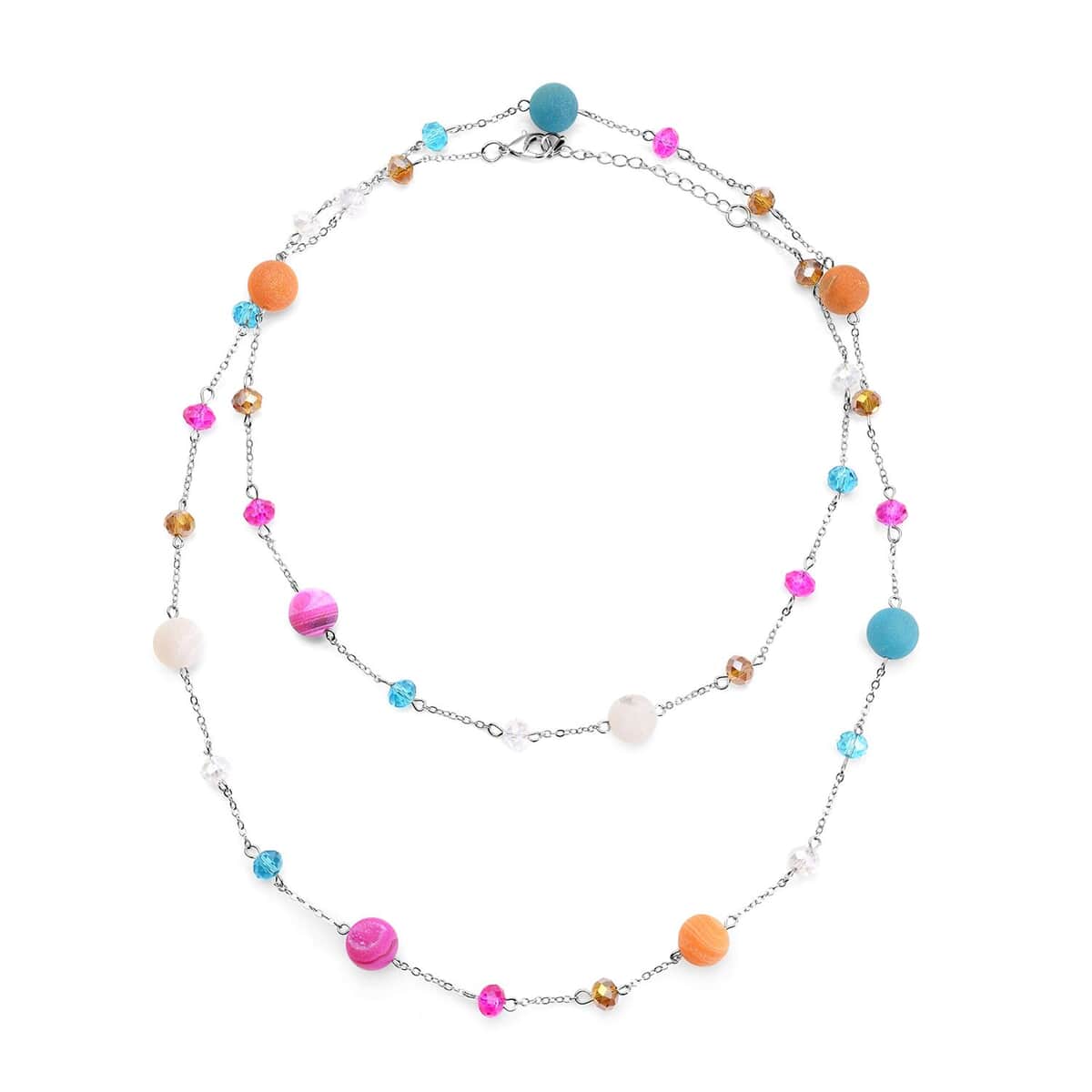 Multi Color Drusy Quartz and Multi Color Glass 126.00 ctw Beaded Station Necklace 43-45 Inches in Silvertone image number 0