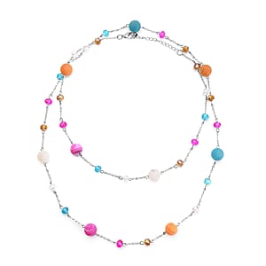 Multi Color Drusy Quartz and Multi Color Glass 126.00 ctw Beaded Station Necklace 43-45 Inches in Silvertone
