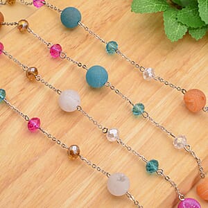 Multi Color Drusy Quartz and Multi Color Glass 126.00 ctw Beaded Station Necklace 43-45 Inches in Silvertone