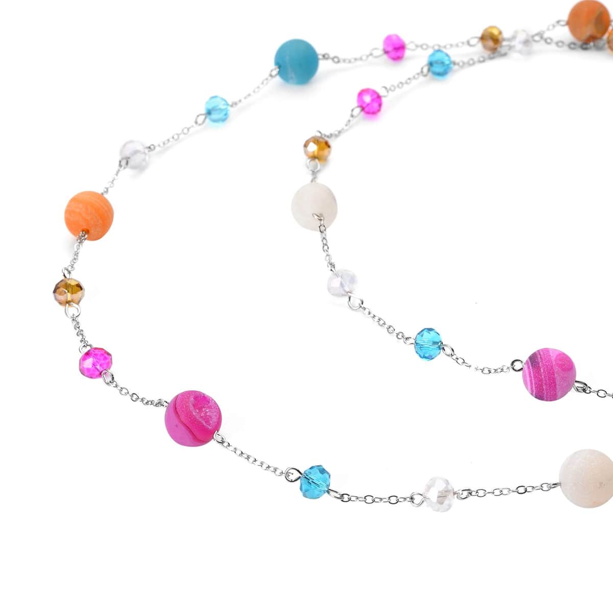 Multi Color Drusy Quartz and Multi Color Glass Beaded Station Necklace 43-45 Inches in Silvertone 126.00 CTW , Shop LC