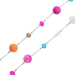 Multi Color Drusy Quartz and Multi Color Glass 126.00 ctw Beaded Station Necklace 43-45 Inches in Silvertone