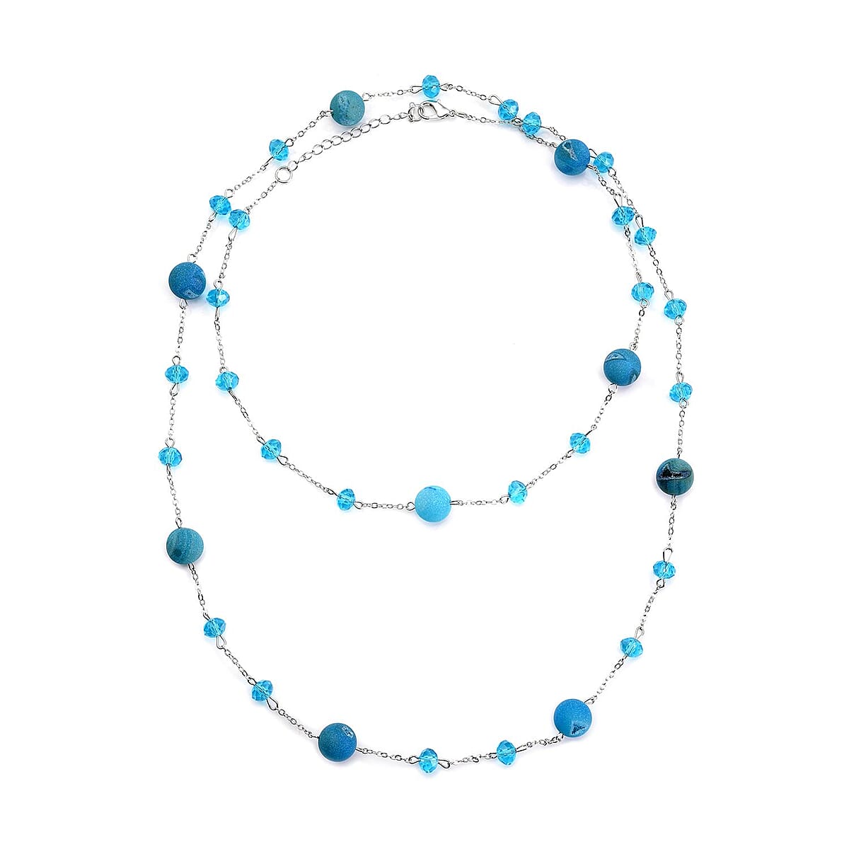 Blue Drusy Quartz and Blue Glass 126.00 ctw Beaded Station Necklace 43-45 Inches in Silvertone image number 0