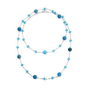 Blue Drusy Quartz and Blue Glass 126.00 ctw Beaded Station Necklace 43-45 Inches in Silvertone