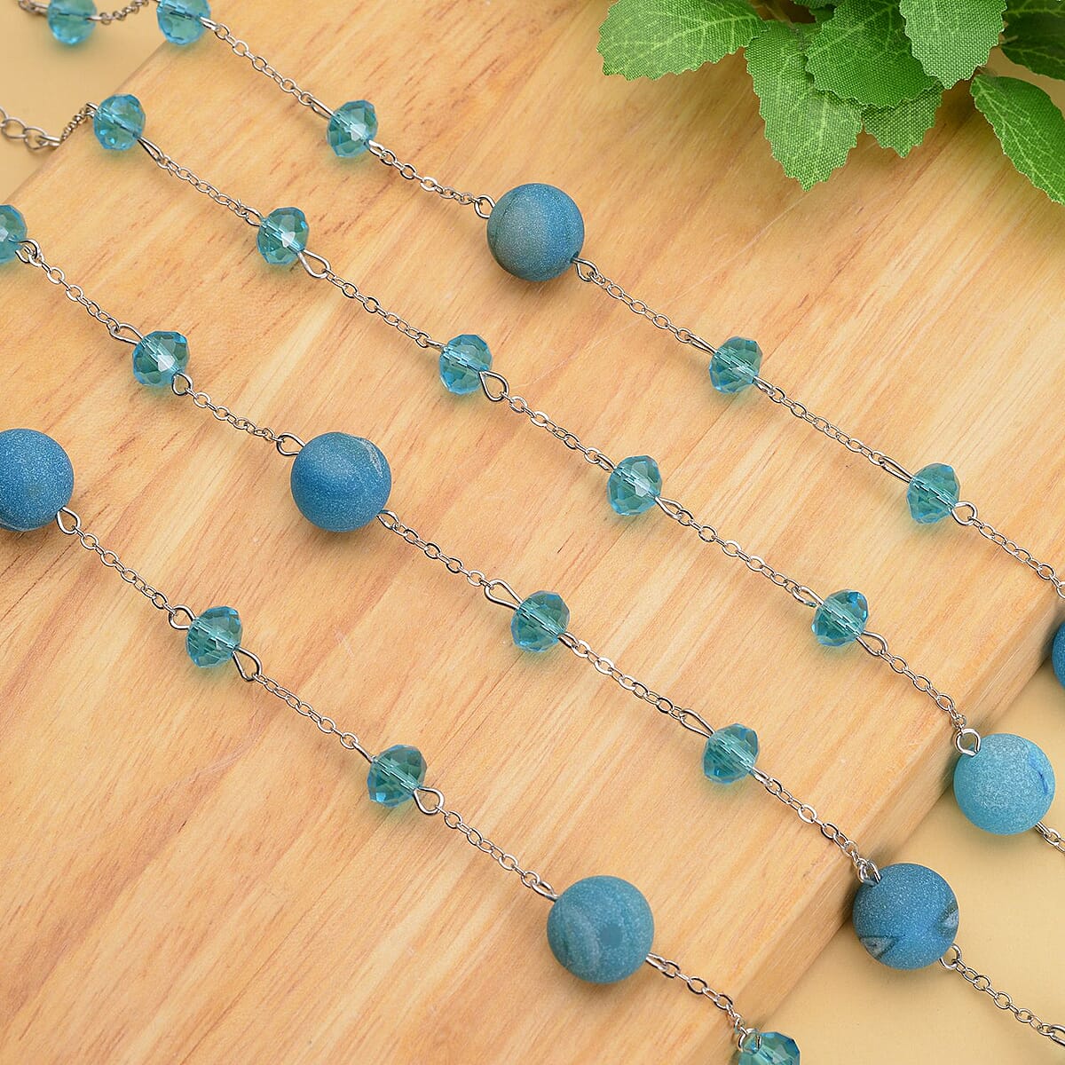 Blue Drusy Quartz and Blue Glass 126.00 ctw Beaded Station Necklace 43-45 Inches in Silvertone image number 1