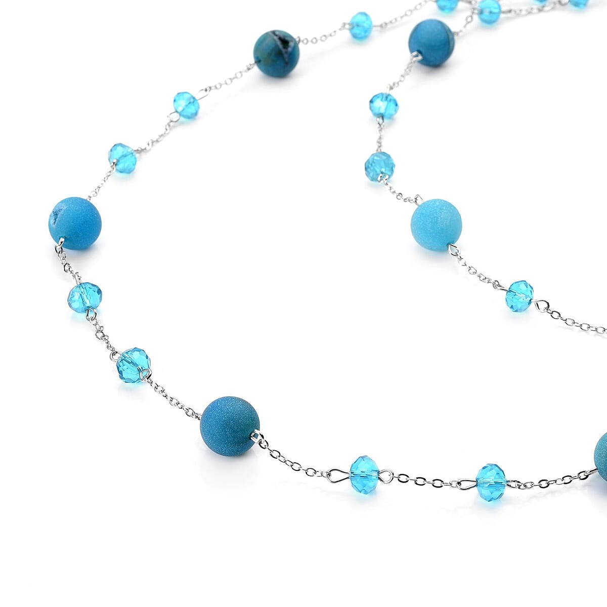 Blue Drusy Quartz and Blue Glass 126.00 ctw Beaded Station Necklace 43-45 Inches in Silvertone image number 2