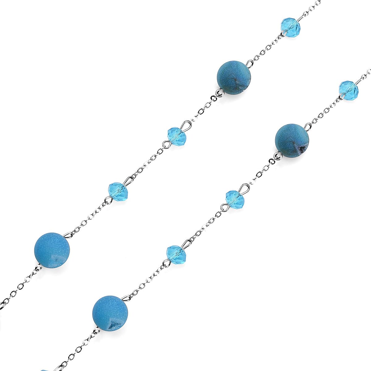 Blue Drusy Quartz and Blue Glass 126.00 ctw Beaded Station Necklace 43-45 Inches in Silvertone image number 3