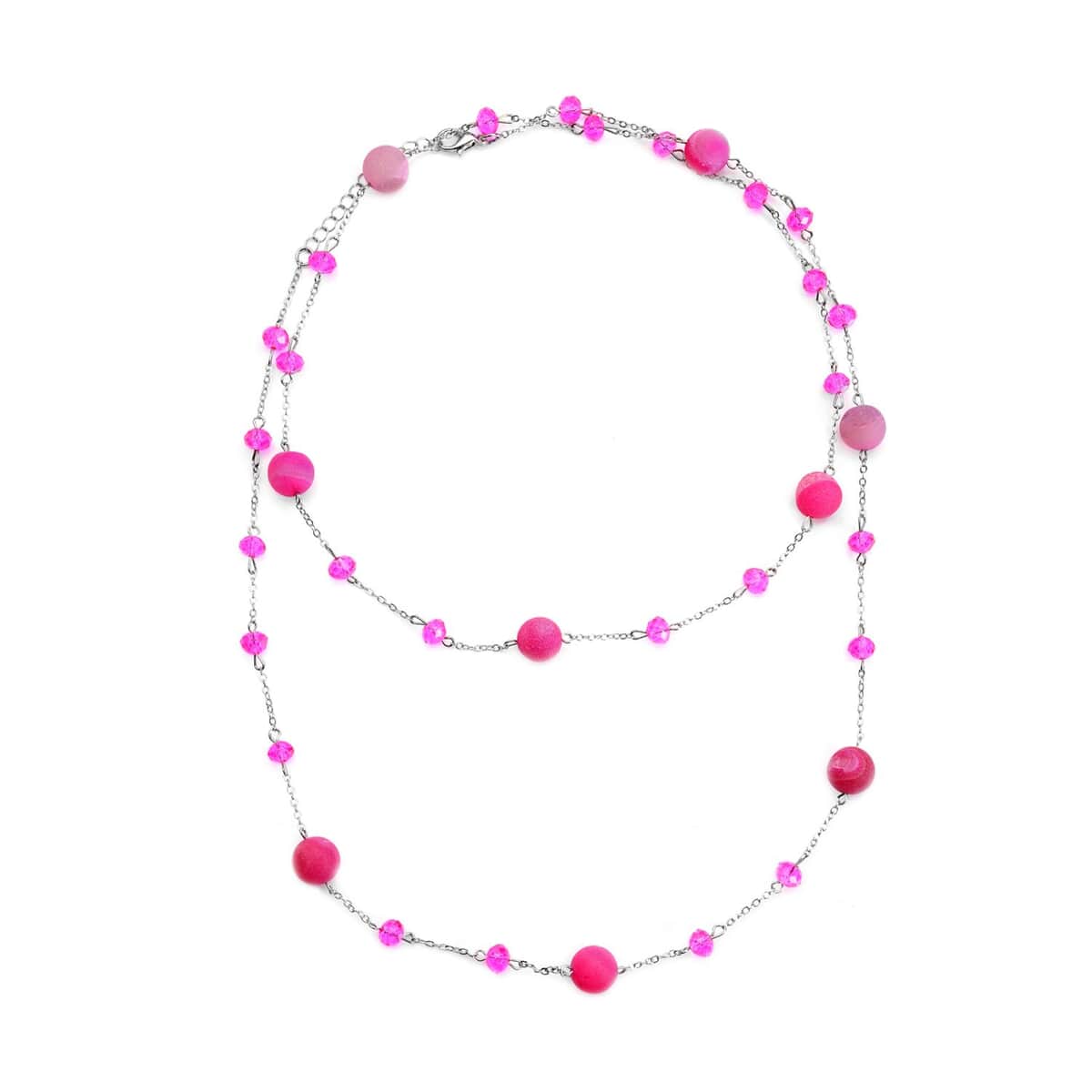 Fuchsia Drusy Quartz and Fuchsia Glass 126.00 ctw Beaded Station Necklace 43-45 Inches in Silvertone image number 0