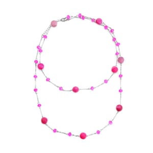 Fuchsia Drusy Quartz and Fuchsia Glass 126.00 ctw Beaded Station Necklace 43-45 Inches in Silvertone