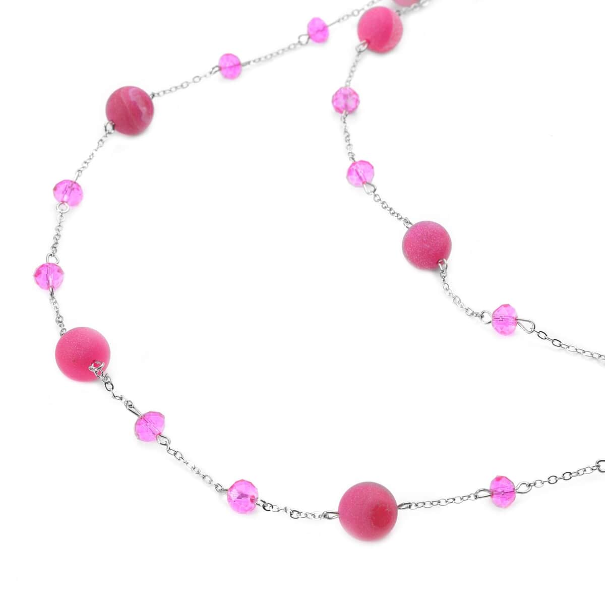 Fuchsia Drusy Quartz and Fuchsia Glass 126.00 ctw Beaded Station Necklace 43-45 Inches in Silvertone image number 2