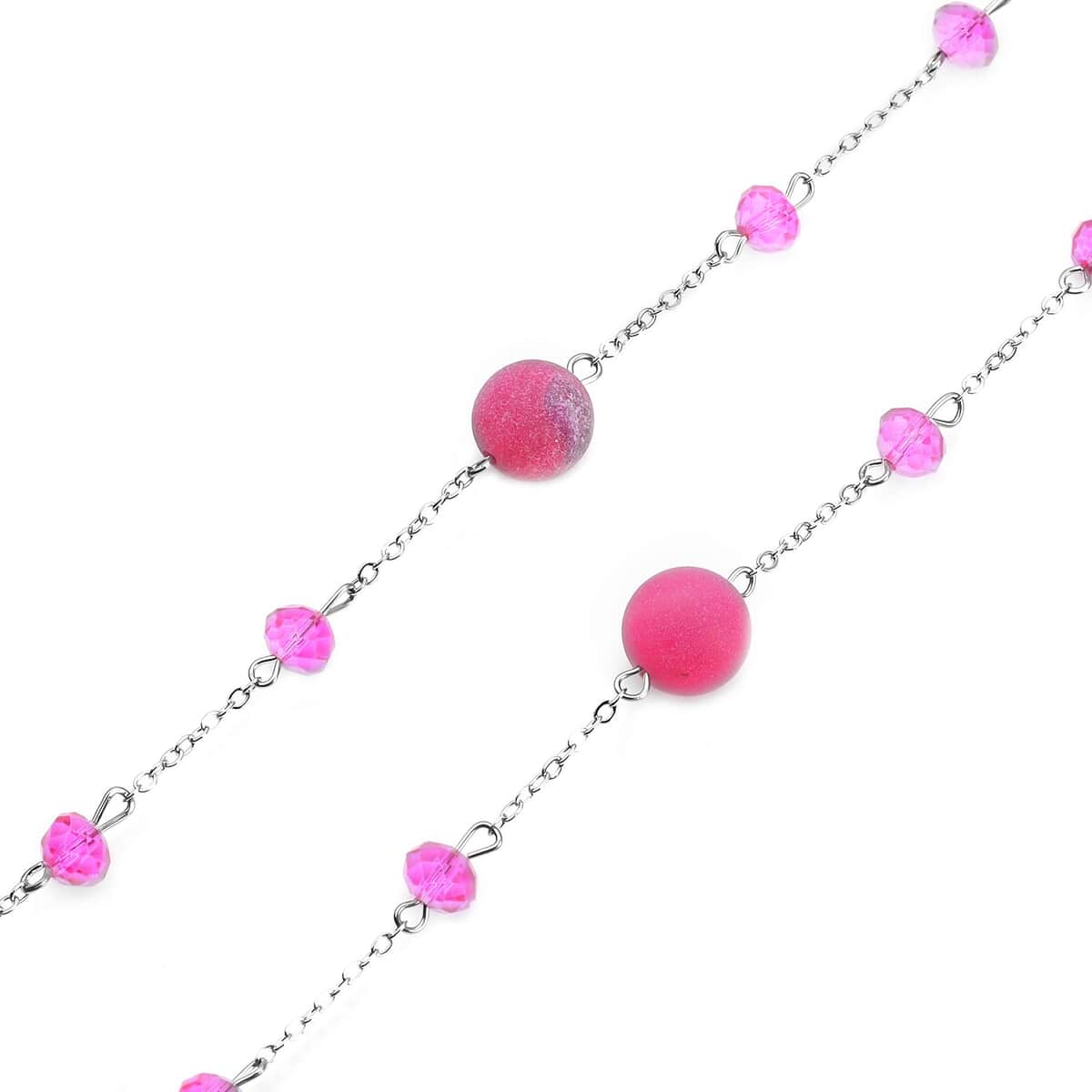 Fuchsia Drusy Quartz and Fuchsia Glass 126.00 ctw Beaded Station Necklace 43-45 Inches in Silvertone image number 3