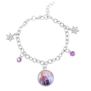 DISNEY Pink Austrian Crystal Charm Bracelet 6.50-7.50 Inches in Rhodium Over Silvertone