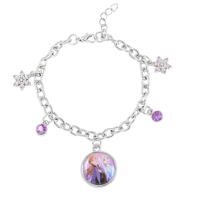 DISNEY Pink Austrian Crystal Charm Bracelet in Rhodium Over Silvertone 6.50-7.50 Inches