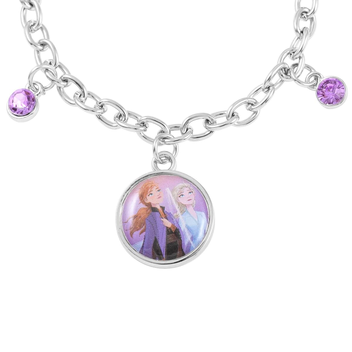 DISNEY Pink Austrian Crystal Charm Bracelet 6.50-7.50 Inches in Rhodium Over Silvertone image number 2