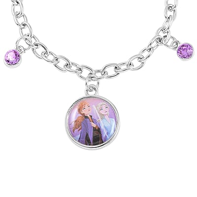 DISNEY Pink Austrian Crystal Charm Bracelet in Rhodium Over Silvertone 6.50-7.50 Inches