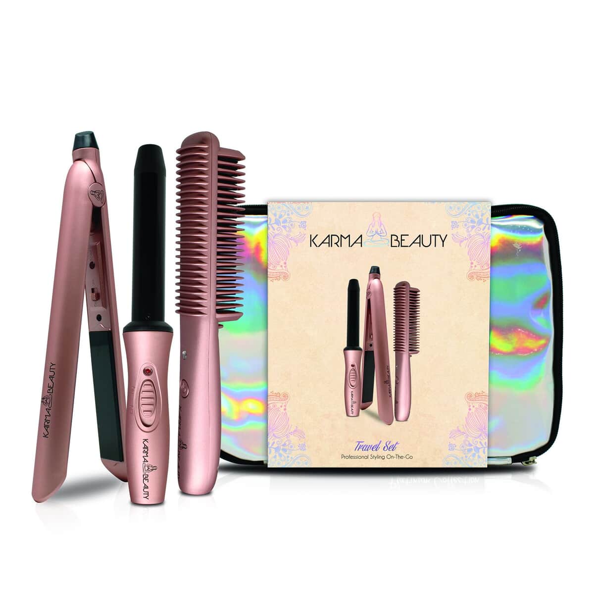 7061825 ONE TIME ONLY Karma Beauty- Rose Gold Travel Kit: Includes Mini Flat Iron, Curler and Straightening brush image number 0