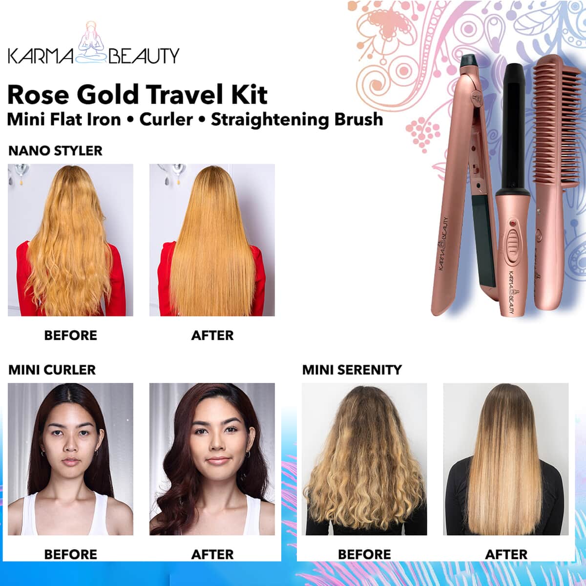 7061825 ONE TIME ONLY Karma Beauty- Rose Gold Travel Kit: Includes Mini Flat Iron, Curler and Straightening brush image number 1