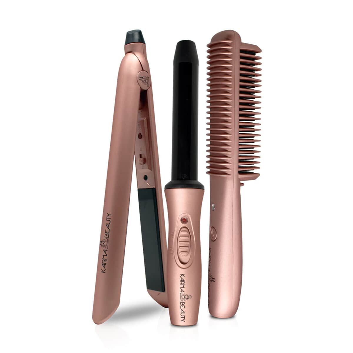 7061825 ONE TIME ONLY Karma Beauty- Rose Gold Travel Kit: Includes Mini Flat Iron, Curler and Straightening brush image number 3
