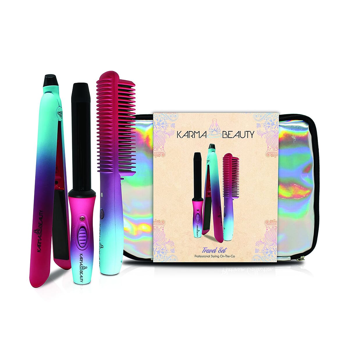 KARMA BEAUTY- Unicorn Travel Kit- Includes Mini Flat Iron, Curler and Straightening brush image number 0