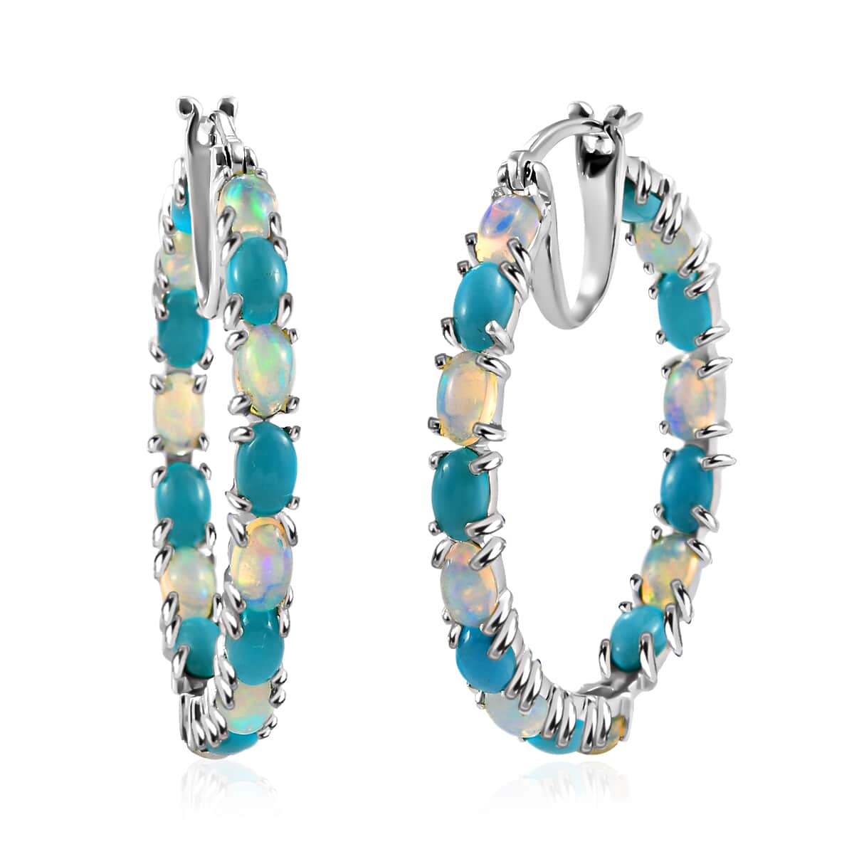Premium Ethiopian Welo Opal and Sleeping Beauty Turquoise Inside-Out Hoop Earrings in Platinum Over Sterling Silver 6.35 ctw image number 0
