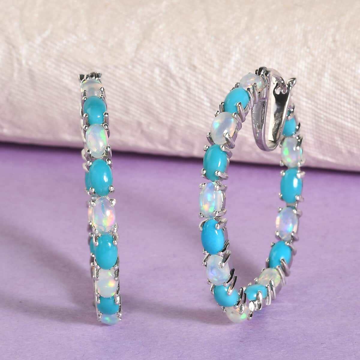 Premium Ethiopian Welo Opal and Sleeping Beauty Turquoise Inside-Out Hoop Earrings in Platinum Over Sterling Silver 6.35 ctw image number 1