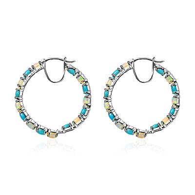 Premium Ethiopian Welo Opal and Sleeping Beauty Turquoise Inside-Out Hoop Earrings in Platinum Over Sterling Silver 6.35 ctw